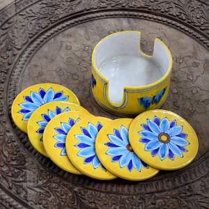 Blue Pottery Yellow Flower 6 Coaster Set with a holder