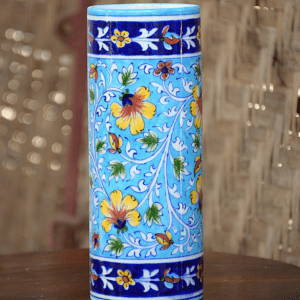 Blue Pottery Multicolour Floral Cylinder Vase – 8 Inch
