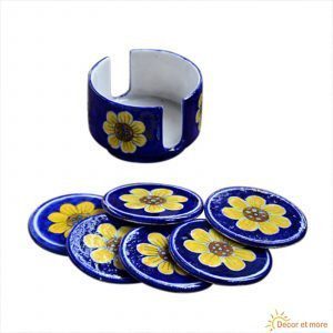 Blue Pottery Blue Floral 6 Coasters Set with a holder