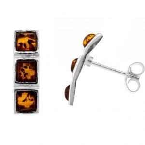 Nova Silver Cognac Amber Three Stone Studs Earrings