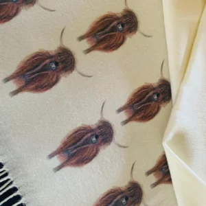 Cashmere Blend Scarf with Highland Cows on Cream
