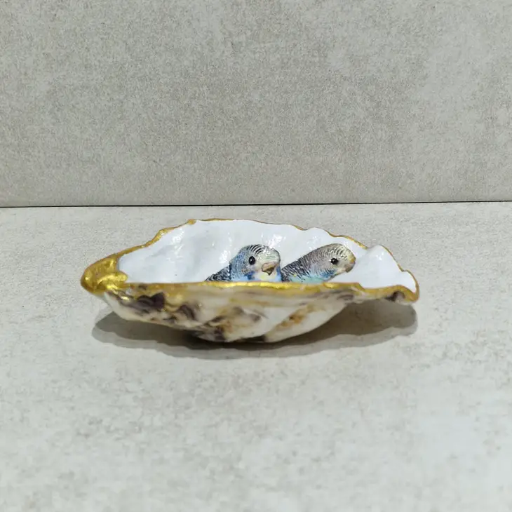 Budgie Couple Oyster Shell Trinket Dish