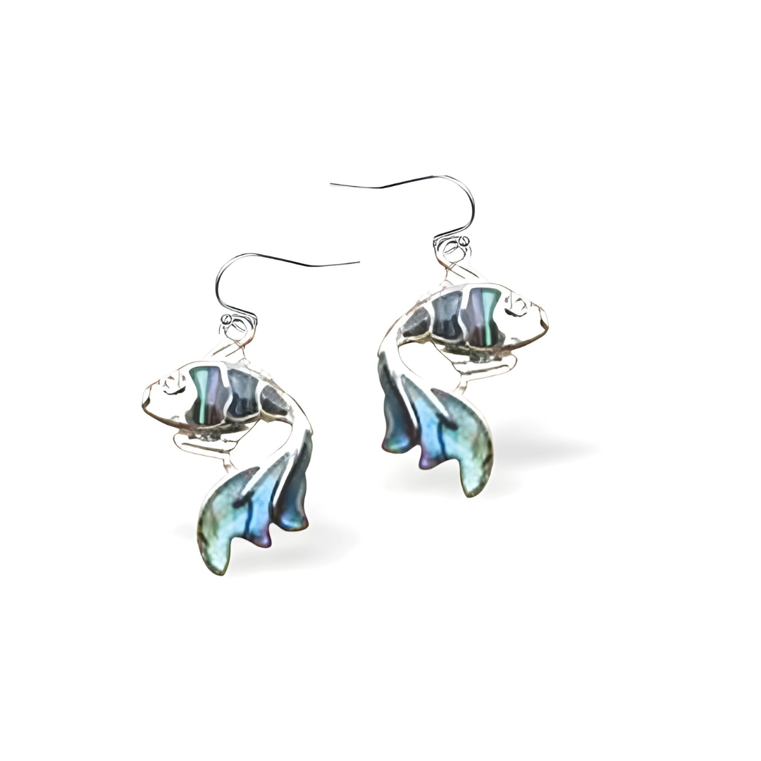 Paua Shell Coral Fish Drop Earrings, Rhodium Plated