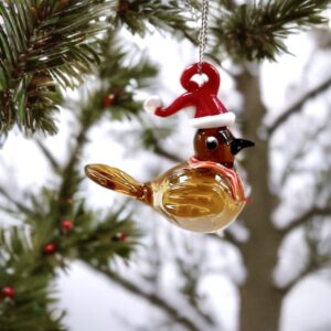 Hanging Glass Bird in Santa Hat