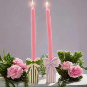Raspberry Blossom Set of 2 Candlestick Holders With Bow