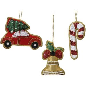 Festive Sequin Car, Bell and Candy Cane Hanging Decorations
