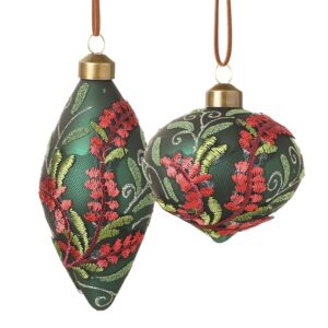 Set of 2 Green and Red Tapestry Baubles