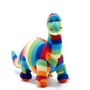 Knitted Diplodocus Dinosaur Baby Rattle in Rainbow Stripes
