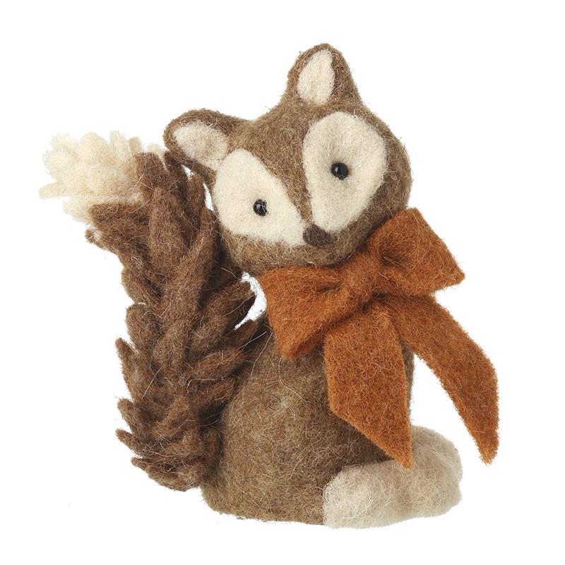 Handmade brown felt fox ornament with cream accents and a rust-coloured bow, soft textured woodland decoration for shelves, nurseries and seasonal displays, measuring 7 x 13 x 14cm.