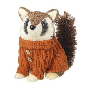 Fox ornament made from natural bristle materials wearing a brown cable-knit jumper with wooden buttons, featuring fluffy tail and detailed facial markings, autumn and winter woodland decor, measuring 22 x 12 x 19cm.