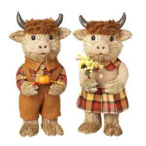 Highland cow autumn decoration made from natural bristle materials, holding a pumpkin or sunflower, dressed in rustic seasonal clothing, available in boy or girl design, measuring 18 x 15 x 35cm.