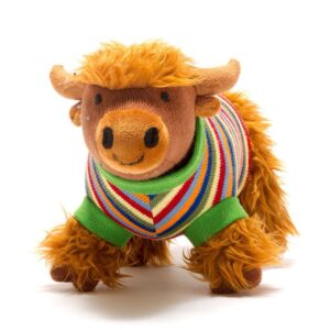Knitted Highland Cow Plush Toy in Striped Jumper