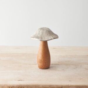 Metal cap mushroom ornament with a smooth mango wood base and textured hammered metal top, rustic woodland home decoration measuring 16 x 12cm.