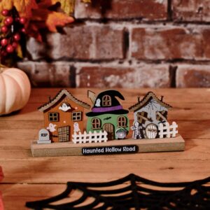 Spooky Haunted Halloween Hollow Road House Wooden Block