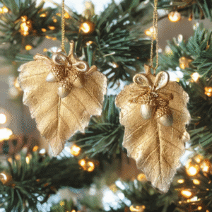 Set of 2 Hanging Gold Leaves with Acorn