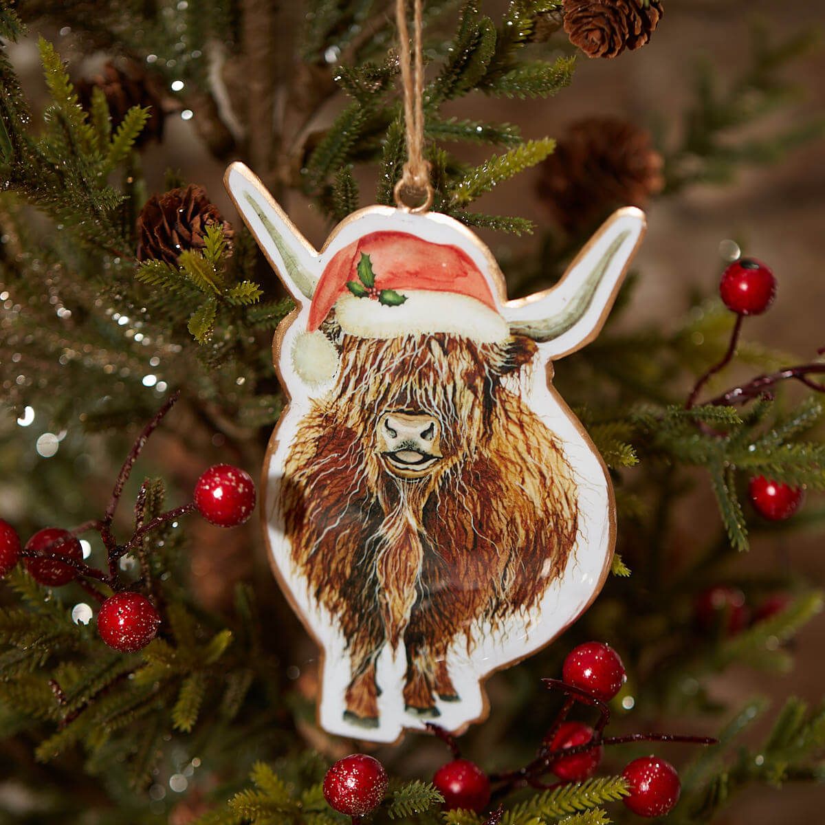 Festive Metal Highland Cow Hanger with Santa Hat