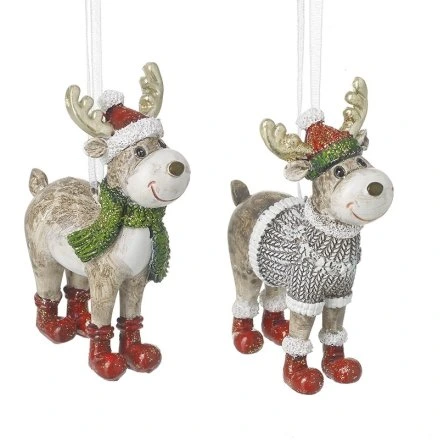 Set of 2 Hanging Festive Reindeer with Red Boots and Santa Hats