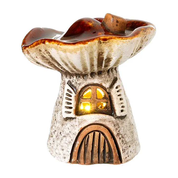Brown Stoneware LED Mushroom House Ornament