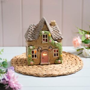 Embossed Stoneware House with Rose Garland Candle Holder