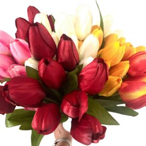 Artificial tulip bunch with 9 realistic flower heads, available in red, white, orange, yellow and pink, faux spring flowers for vases, centrepieces and home decor, approximately 35cm tall.