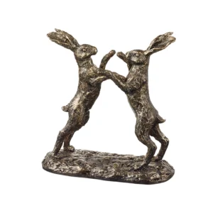 Bronzed boxing hares ornament decorative sculpture showing two hares boxing, elegant wildlife home decor figure with antique bronze finish, 18 x 8 x 19 cm.