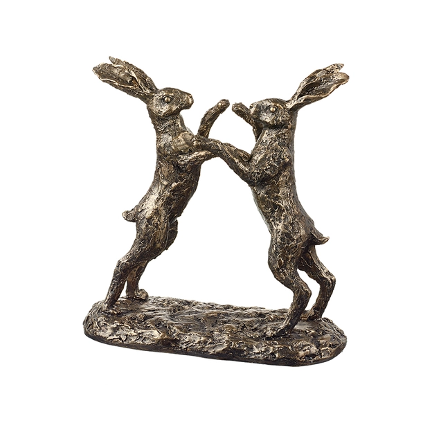 Bronzed boxing hares ornament decorative sculpture showing two hares boxing, elegant wildlife home decor figure with antique bronze finish, 18 x 8 x 19 cm.
