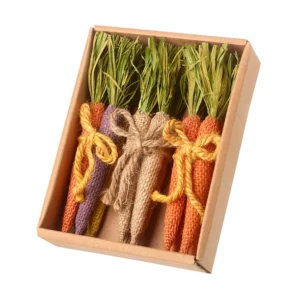 Set of 3 fabric carrot bunch decorations tied with jute string, rustic Easter and spring home decor items, faux vegetable bunches for seasonal display, 16 x 12 x 4 cm.