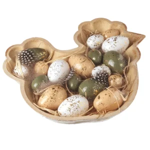 Decorative eggs displayed in a rustic hen-shaped tray, perfect for Easter table decorations and farmhouse spring home decor.