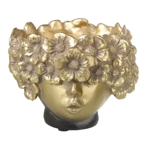 Distressed look floral head bust planter in gold and black finish, decorative head vase with flowers styled as a floral crown, modern statement home decor piece, 18 x 16.5 x 15 cm.