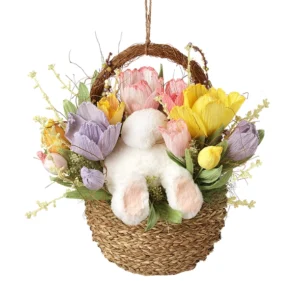 Woven flower basket wreath featuring a fluffy white bunny surrounded by pastel spring flowers, perfect for Easter and spring door decor.