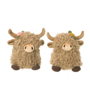 Fluffy Highland cow plush decorations with soft shaggy fur, embroidered faces, and pastel felt flower accessories for farmhouse home decor.