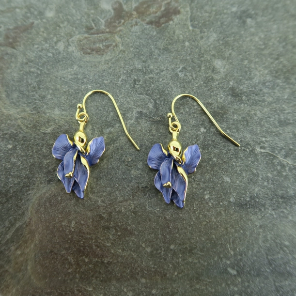 Gold Plated Iris Drop Hook Earrings – Blue Enamel Floral Jewellery - Image 2