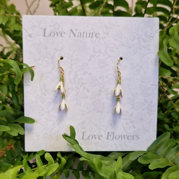 Gold Plated Snowdrop Drop Earrings – Enamel Botanical Jewellery - Image 2