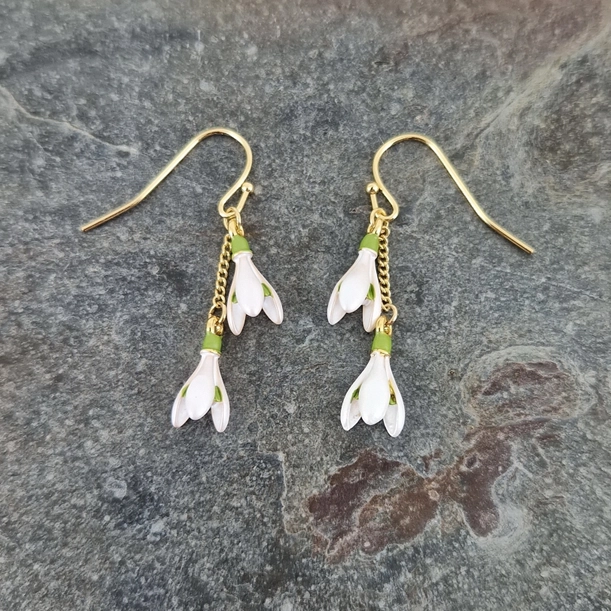 Gold Plated Snowdrop Drop Earrings – Enamel Botanical Jewellery - Image 3