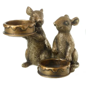 Metallic finish mice tea light holder decorative candle holder with elegant mouse design, animal home décor piece, ideal for pairing with bronzed mice ornaments, 13.5 x 11 x 11.5 cm.