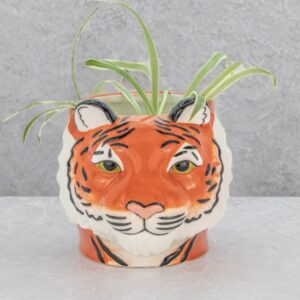 Sass & Belle tiger planter with glossy orange finish and friendly tiger face design, decorative plant pot for succulents, ideal for pairing with matching tiger vase for coordinated jungle home decor.
