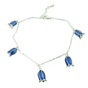 Silver plated bluebell flower charm bracelet featuring five hand-finished blue enamel bluebell charms, elegant botanical jewellery with adjustable chain and lobster clasp.