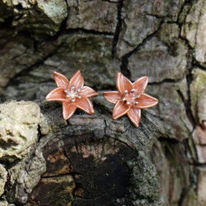 Silver plated orange lily stud earrings with hand-finished orange enamel petals, botanical flower jewellery with hypoallergenic posts, ideal for pairing with the matching Orange Lily Pendant Necklace.