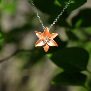 Silver plated Orange Tiger Lily pendant necklace with hand-finished orange enamel flower, botanical jewellery inspired by nature, elegant floral pendant on an adjustable chain, ideal for pairing with matching Orange Tiger Lily stud earrings.