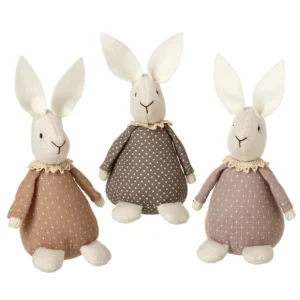 Soft fabric rabbit decoration wearing a spot print outfit with floppy ears, lace collar, and stitched facial details, available in brown, dark grey, and light grey for Easter and spring decor.