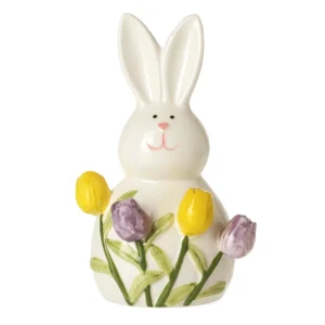 White ceramic rabbit figurine with hand-painted yellow and purple tulips, glossy finish, ideal for Easter and spring home decor displays.