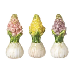 Ceramic hyacinth flower ornament with delicately sculpted blossoms, available in pink, purple or yellow for spring and Easter home decor.