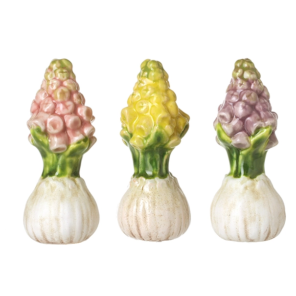 Ceramic hyacinth flower ornament with delicately sculpted blossoms, available in pink, purple or yellow for spring and Easter home decor.