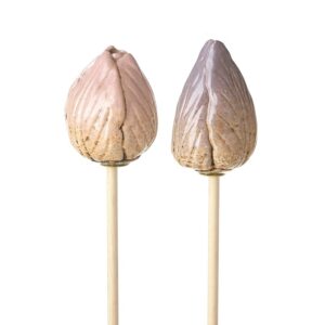 Ceramic tulip flower stake available in pink or lilac, featuring a glossy glazed finish and sculpted petal details for plant pots and spring decor.