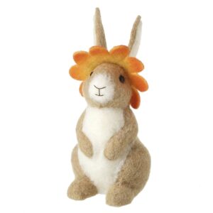 Felt rabbit decoration with a fluffy cream belly, upright ears and colourful flower-shaped hat, ideal for Easter displays and spring home decor.