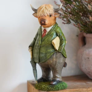 Hand-painted Gentleman Highland Cow resin garden ornament with detailed sculpted features, weatherproof Highland Cow statue for indoor and outdoor home and garden decor.