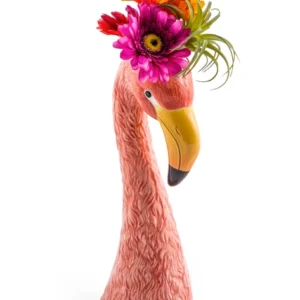 Large ceramic pink flamingo head vase, decorative flamingo flower vase for fresh flowers, dried arrangements, and colourful tropical home decor.