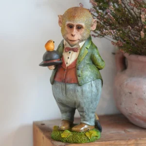 Hand-painted Mister Monkey resin garden ornament with robin redbreast on hat, weatherproof monkey statue for home and outdoor garden decor.