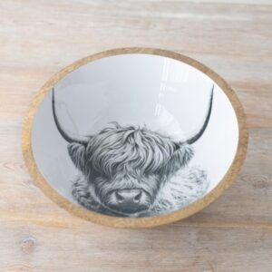 Small enamel bowl with Highland cow design, ideal for serving fruit and snacks, featuring rustic farmhouse style and 17cm size.