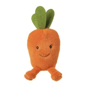 Smiley carrot plush decoration with dangly legs, soft orange fabric, embroidered smile and sparkling eyes, ideal for Easter displays and shelf decor.